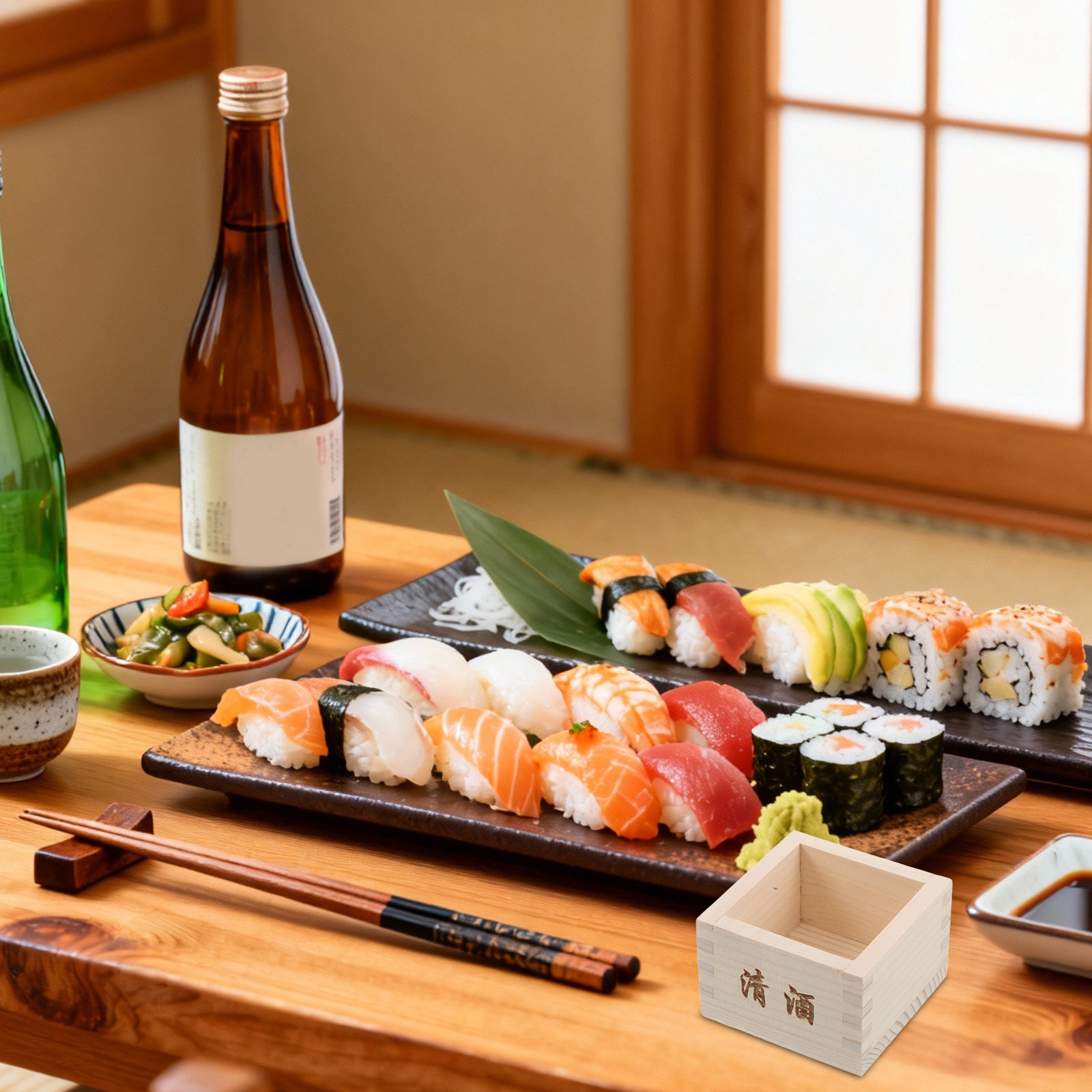 Japanese Restaurant Lifestyle - 2 sztuki drewnianych pudełek na sake,